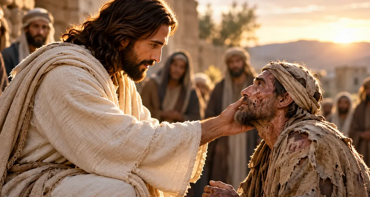 The power of human touch illustrated by Jesus compassionately touching a man with leprosy, revealing divine love, acceptance, and the healing significance of human connection.