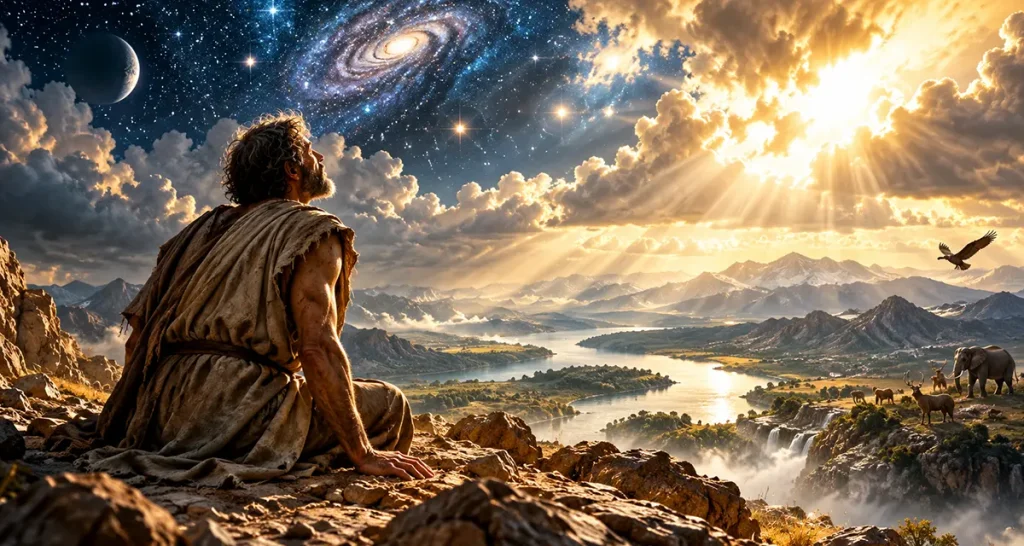 Job gazes toward God's radiant glory over a majestic creation, illustrating divine justice in Job, human humility, suffering, and God's sovereign wisdom.