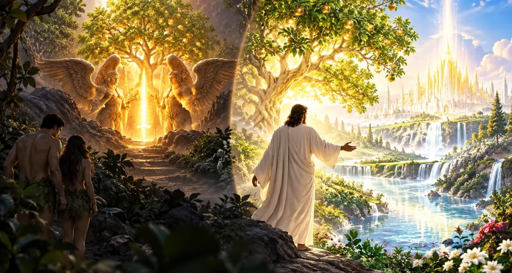 Tree of Life connecting Eden and the New Creation, with cherubim guarding the way in Genesis and Christ leading the redeemed toward eternal life.
