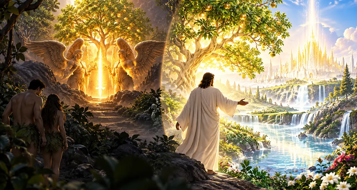 Tree of Life connecting Eden and the New Creation, with cherubim guarding the way in Genesis and Christ leading the redeemed toward eternal life.