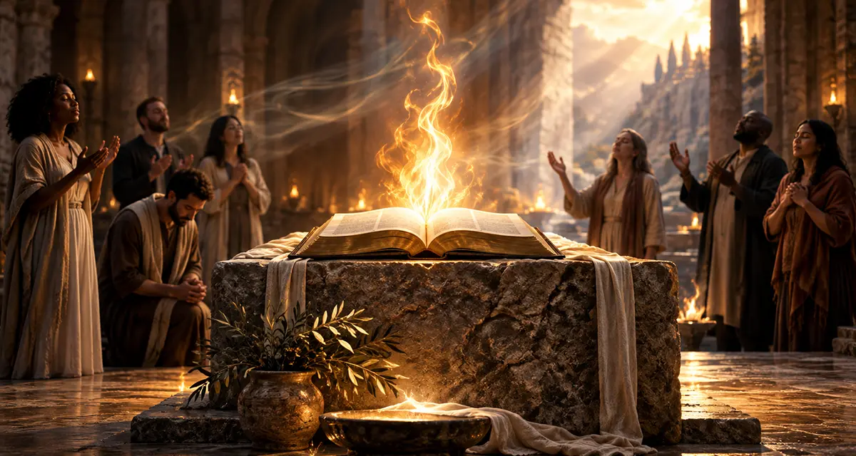 True worship centered on an open Bible, with a living flame rising from the altar as believers pray and praise God in reverence and sincerity.