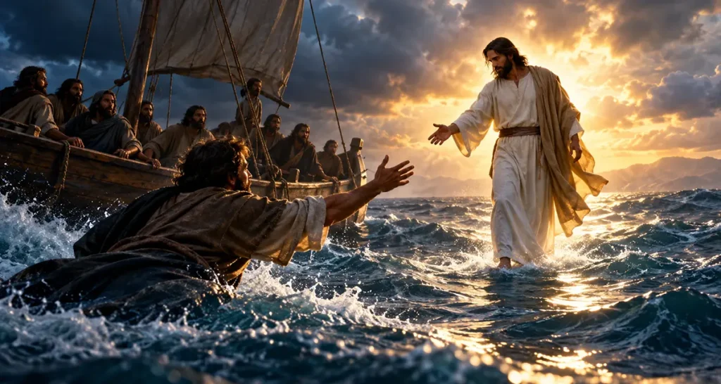 Jesus demonstrates His divine sovereignty by walking on the stormy sea and reaching out to rescue Peter, revealing God's authority over creation, compassionate care, and providence amid human weakness.