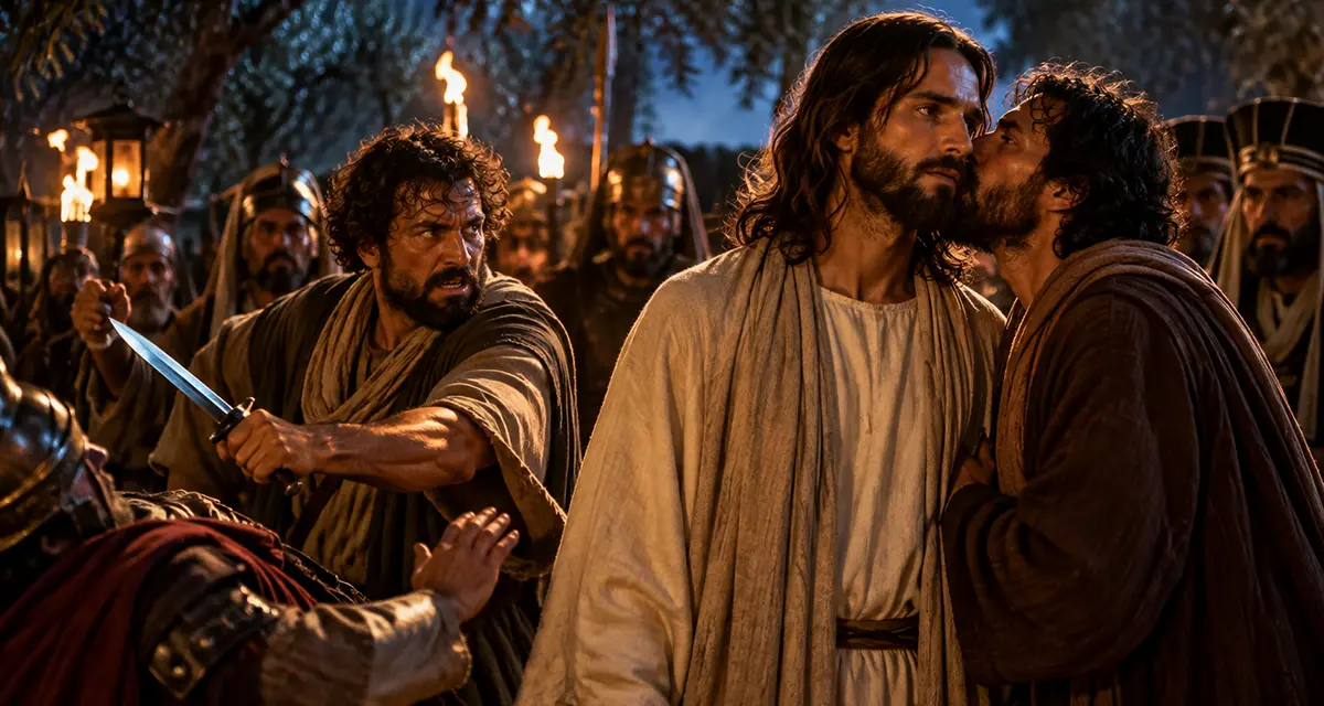 Faithful Wounds and Deceitful Kisses: Judas betrays Jesus with a kiss in Gethsemane as Peter draws his sword to defend Him, revealing the contrast between betrayal, misguided loyalty, and Christ’s faithful love.